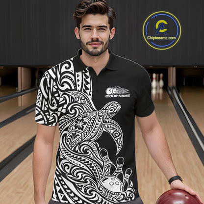 Custom Black And White Polynesian Tribal Turtle Bowling Jersey Team Men Polo Shirt IPHW12699