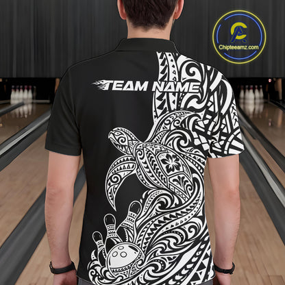 Custom Black And White Polynesian Tribal Turtle Bowling Jersey Team Men Polo Shirt IPHW12699