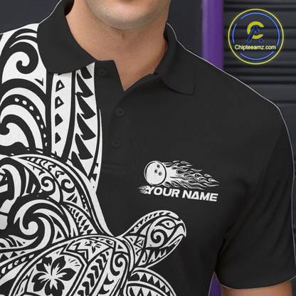 Custom Black And White Polynesian Tribal Turtle Bowling Jersey Team Men Polo Shirt IPHW12699