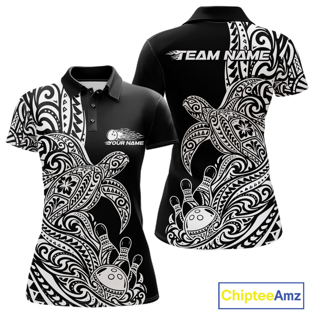 Custom Black And White Polynesian Tribal Turtle Bowling Jersey Team Women Polo Shirt IPHW12699