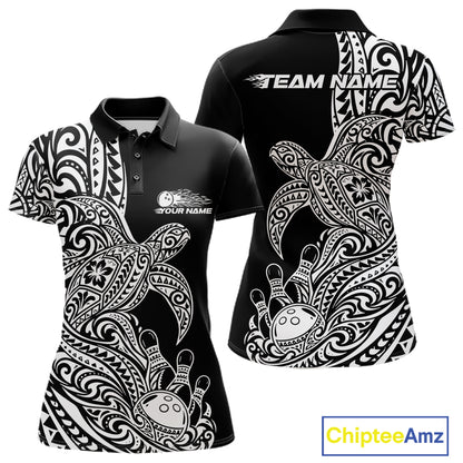 Custom Black And White Polynesian Tribal Turtle Bowling Jersey Team Women Polo Shirt IPHW12699