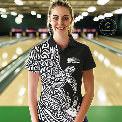 Custom Black And White Polynesian Tribal Turtle Bowling Jersey Team Women Polo Shirt IPHW12699