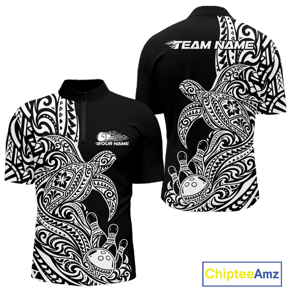 Custom Black And White Polynesian Tribal Turtle Bowling Jersey Team Men Quarter Zip Shirt IPHW12699