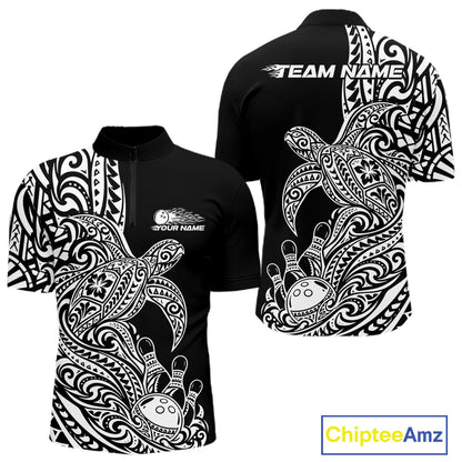 Custom Black And White Polynesian Tribal Turtle Bowling Jersey Team Men Quarter Zip Shirt IPHW12699