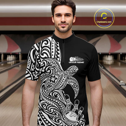 Custom Black And White Polynesian Tribal Turtle Bowling Jersey Team Men Quarter Zip Shirt IPHW12699