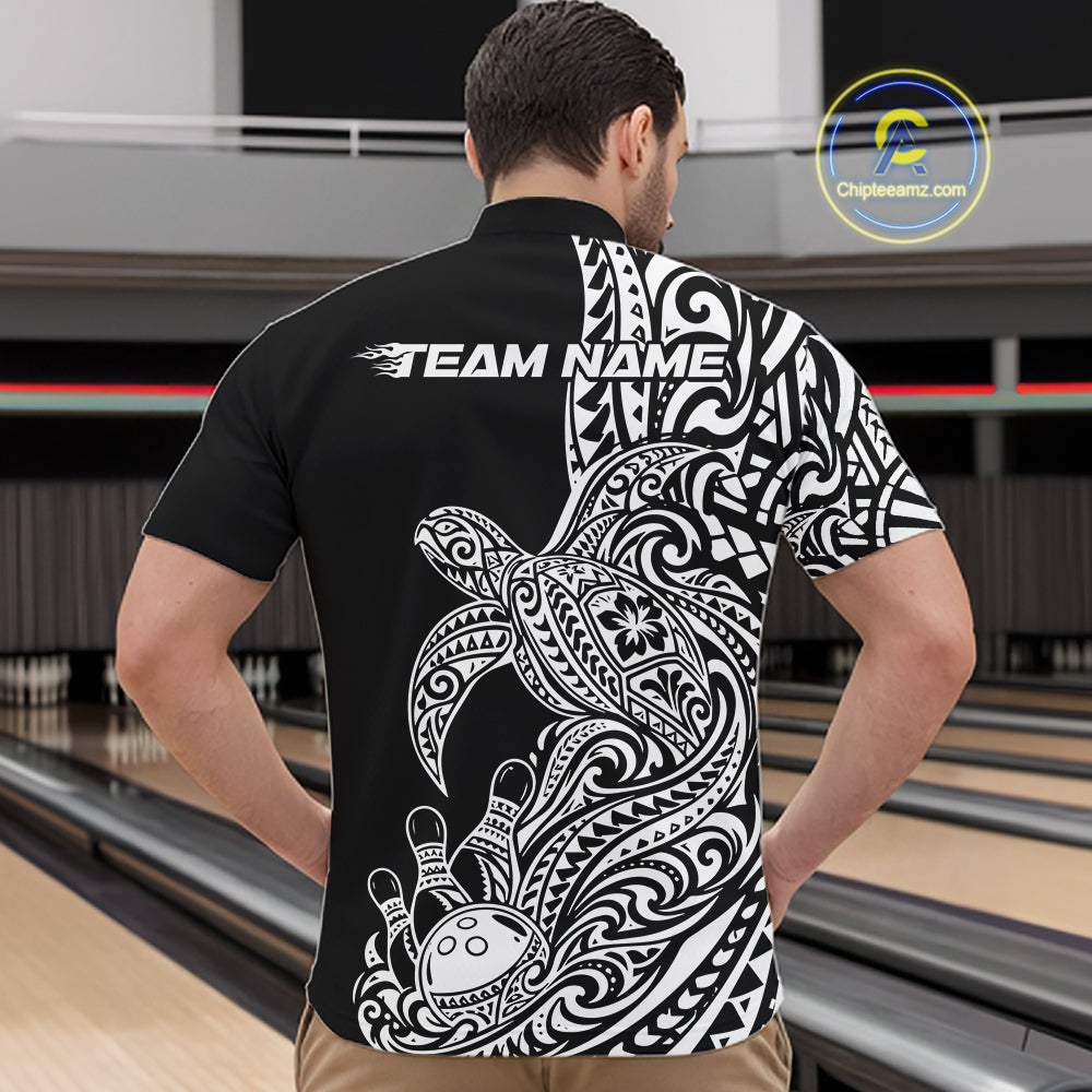 Custom Black And White Polynesian Tribal Turtle Bowling Jersey Team Men Quarter Zip Shirt IPHW12699