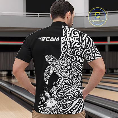 Custom Black And White Polynesian Tribal Turtle Bowling Jersey Team Men Quarter Zip Shirt IPHW12699