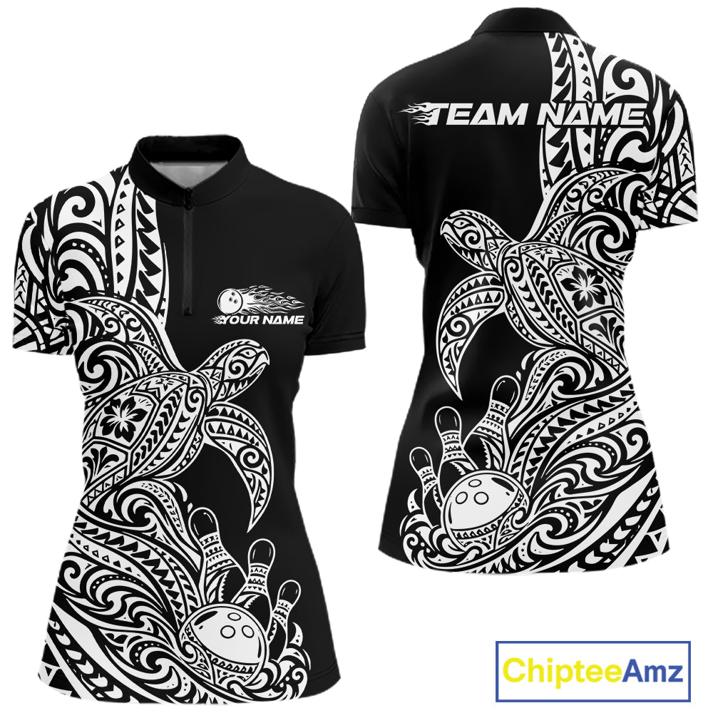 Custom Black And White Polynesian Tribal Turtle Bowling Jersey Women Quarter-Zip Shirt IPHW12699