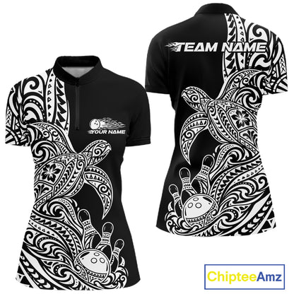 Custom Black And White Polynesian Tribal Turtle Bowling Jersey Women Quarter-Zip Shirt IPHW12699