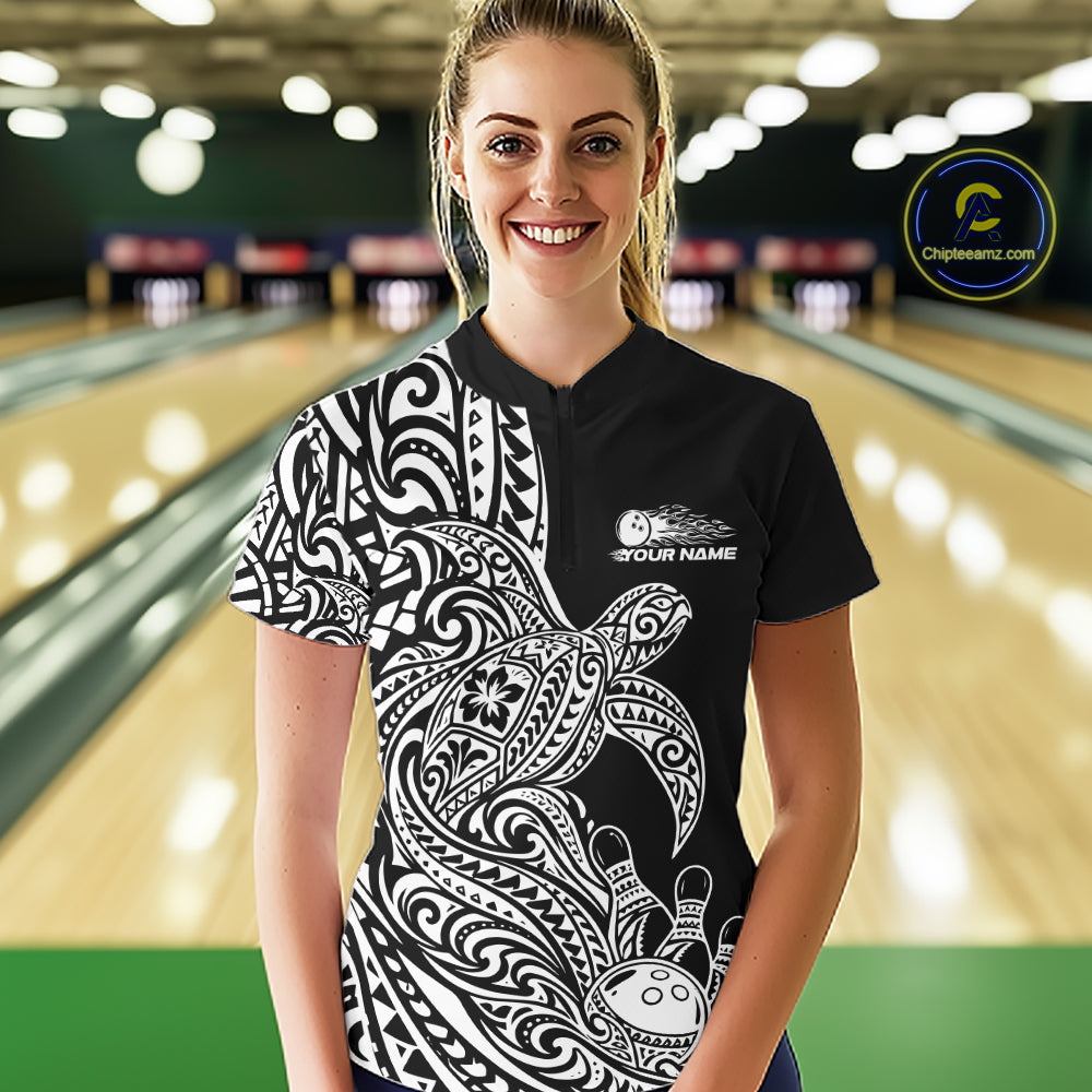 Custom Black And White Polynesian Tribal Turtle Bowling Jersey Women Quarter-Zip Shirt IPHW12699