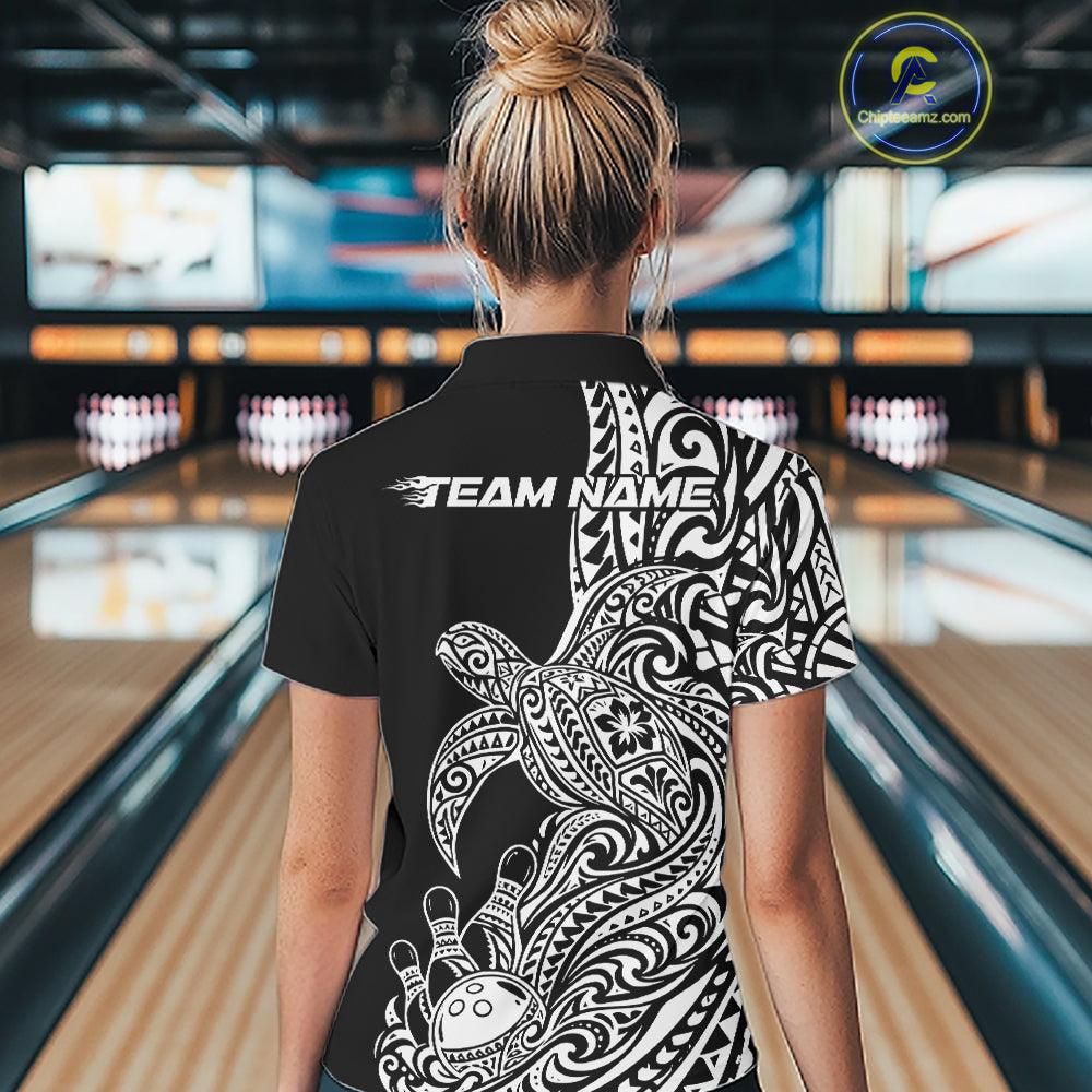 Custom Black And White Polynesian Tribal Turtle Bowling Jersey Women Quarter-Zip Shirt IPHW12699