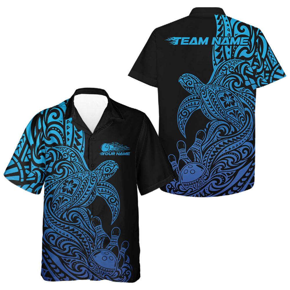 Custom Black And Blue Polynesian Tribal Turtle Bowling Jersey Team Men And Women Button Up Shirt IPHW12700