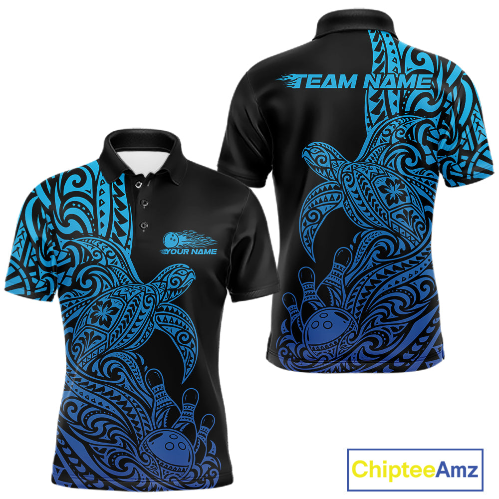 Custom Black And Blue Polynesian Tribal Turtle Bowling Jersey Team Men Polo Shirt IPHW12700