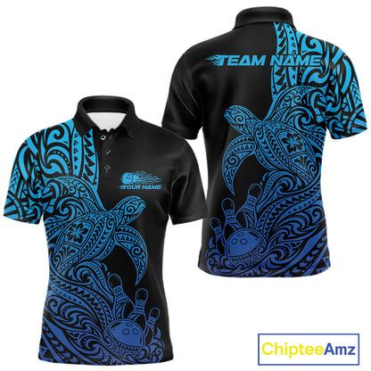 Custom Black And Blue Polynesian Tribal Turtle Bowling Jersey Team Men Polo Shirt IPHW12700