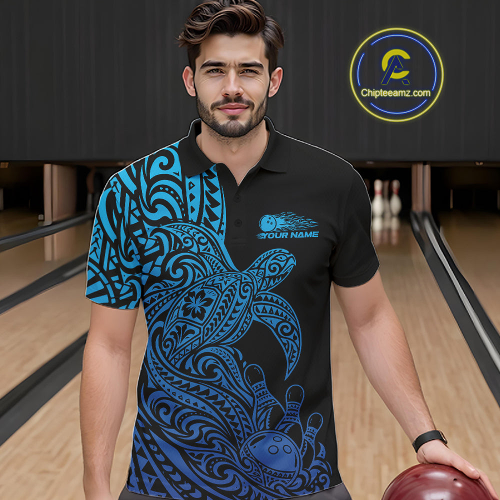 Custom Black And Blue Polynesian Tribal Turtle Bowling Jersey Team Men Polo Shirt IPHW12700