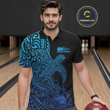 Custom Black And Blue Polynesian Tribal Turtle Bowling Jersey Team Men Polo Shirt IPHW12700