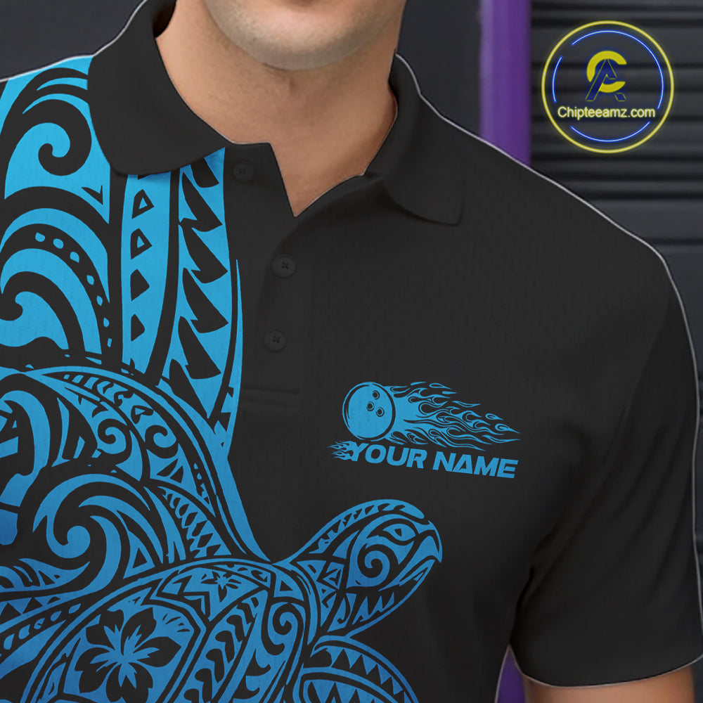 Custom Black And Blue Polynesian Tribal Turtle Bowling Jersey Team Men Polo Shirt IPHW12700