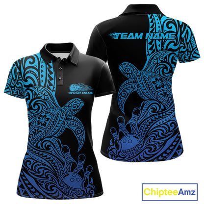 Custom Black And Blue Polynesian Tribal Turtle Bowling Jersey Team Women Polo Shirt IPHW12700