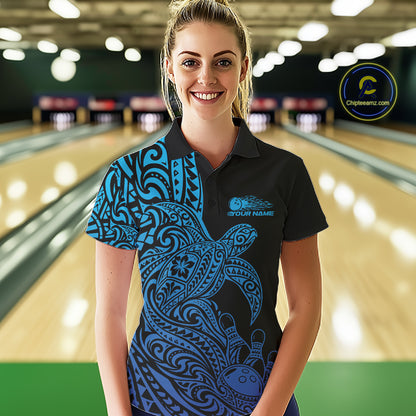 Custom Black And Blue Polynesian Tribal Turtle Bowling Jersey Team Women Polo Shirt IPHW12700
