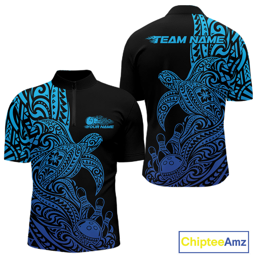 Custom Black And Blue Polynesian Tribal Turtle Bowling Jersey Team Men Quarter Zip Shirt IPHW12700