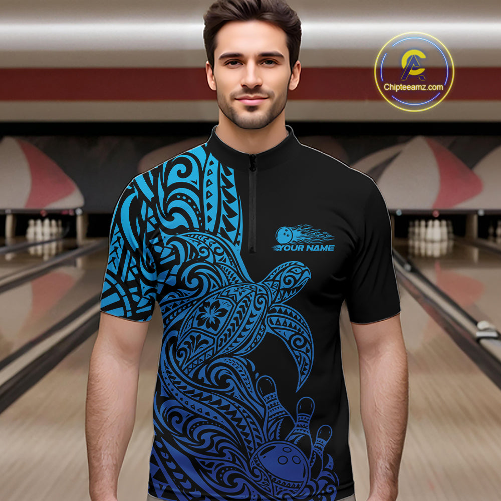 Custom Black And Blue Polynesian Tribal Turtle Bowling Jersey Team Men Quarter Zip Shirt IPHW12700