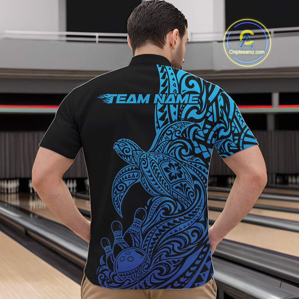 Custom Black And Blue Polynesian Tribal Turtle Bowling Jersey Team Men Quarter Zip Shirt IPHW12700