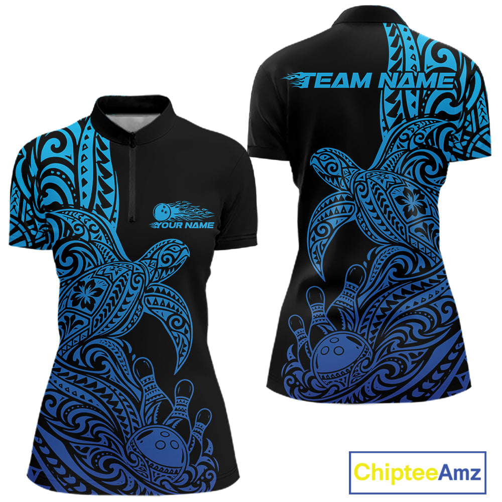 Custom Black And Blue Polynesian Tribal Turtle Bowling Jersey Women Quarter-Zip Shirt IPHW12700