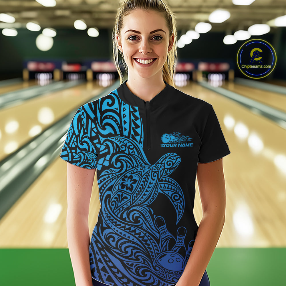 Custom Black And Blue Polynesian Tribal Turtle Bowling Jersey Women Quarter-Zip Shirt IPHW12700