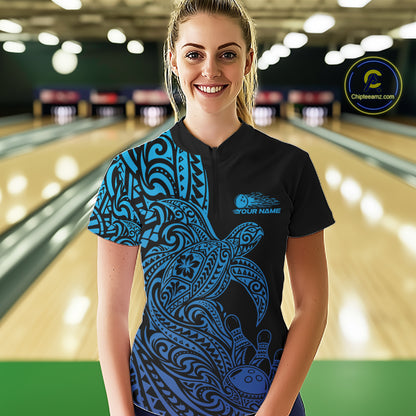 Custom Black And Blue Polynesian Tribal Turtle Bowling Jersey Women Quarter-Zip Shirt IPHW12700