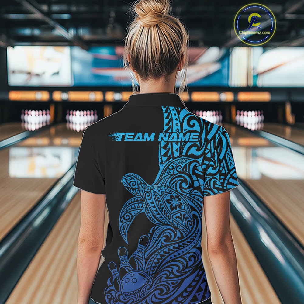 Custom Black And Blue Polynesian Tribal Turtle Bowling Jersey Women Quarter-Zip Shirt IPHW12700