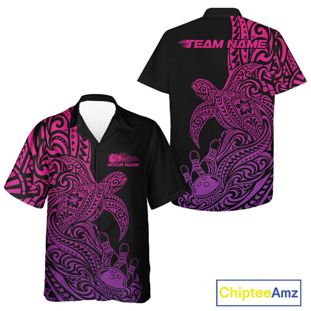 Custom Pink And Purple Polynesian Tribal Turtle Bowling Jersey Team Men And Women Button Up Shirt IPHW12701