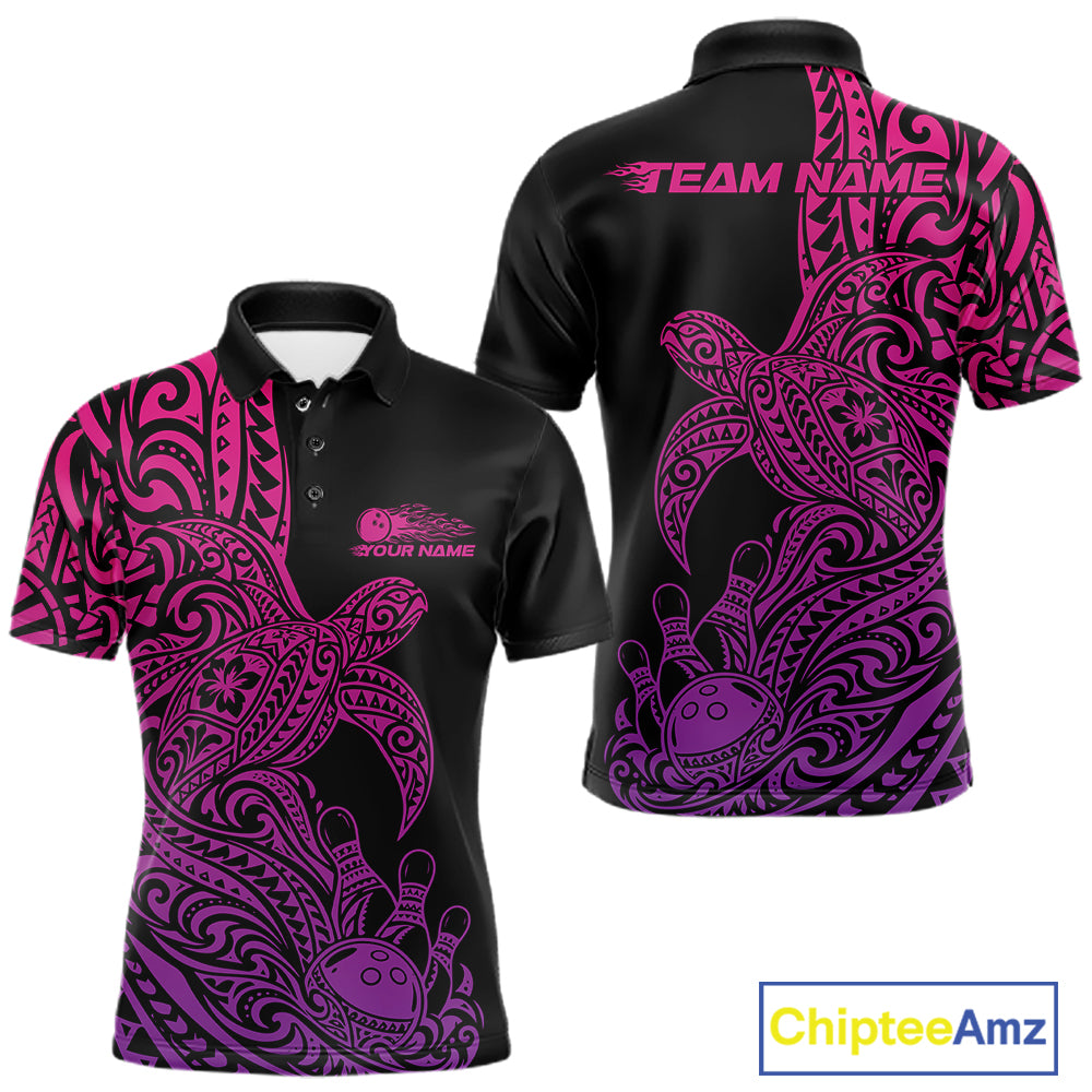 Custom Pink And Purple Polynesian Tribal Turtle Bowling Jersey Team Men Polo Shirt IPHW12701