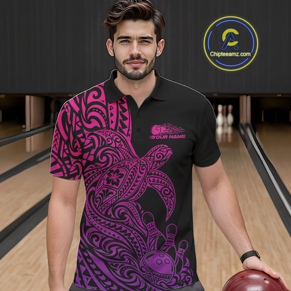 Custom Pink And Purple Polynesian Tribal Turtle Bowling Jersey Team Men Polo Shirt IPHW12701