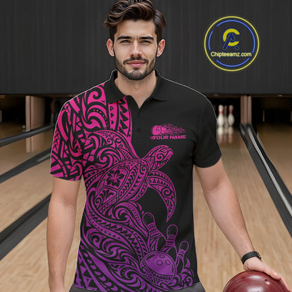 Custom Pink And Purple Polynesian Tribal Turtle Bowling Jersey Team Men Polo Shirt IPHW12701