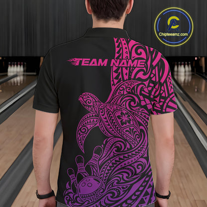 Custom Pink And Purple Polynesian Tribal Turtle Bowling Jersey Team Men Polo Shirt IPHW12701