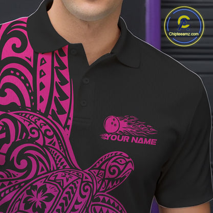 Custom Pink And Purple Polynesian Tribal Turtle Bowling Jersey Team Men Polo Shirt IPHW12701