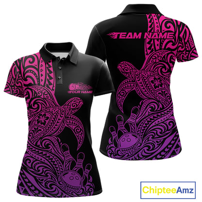 Custom Pink And Purple Polynesian Tribal Turtle Bowling Jersey Team Women Polo Shirt IPHW12701