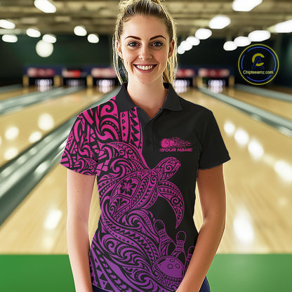 Custom Pink And Purple Polynesian Tribal Turtle Bowling Jersey Team Women Polo Shirt IPHW12701