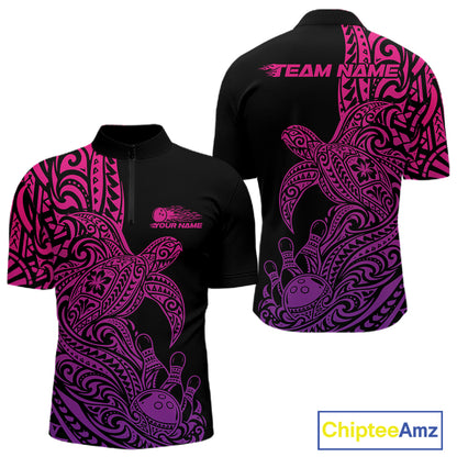 Custom Pink And Purple Polynesian Tribal Turtle Bowling Jersey Team Men Quarter Zip Shirt IPHW12701