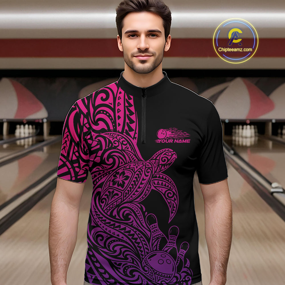 Custom Pink And Purple Polynesian Tribal Turtle Bowling Jersey Team Men Quarter Zip Shirt IPHW12701