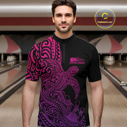 Custom Pink And Purple Polynesian Tribal Turtle Bowling Jersey Team Men Quarter Zip Shirt IPHW12701