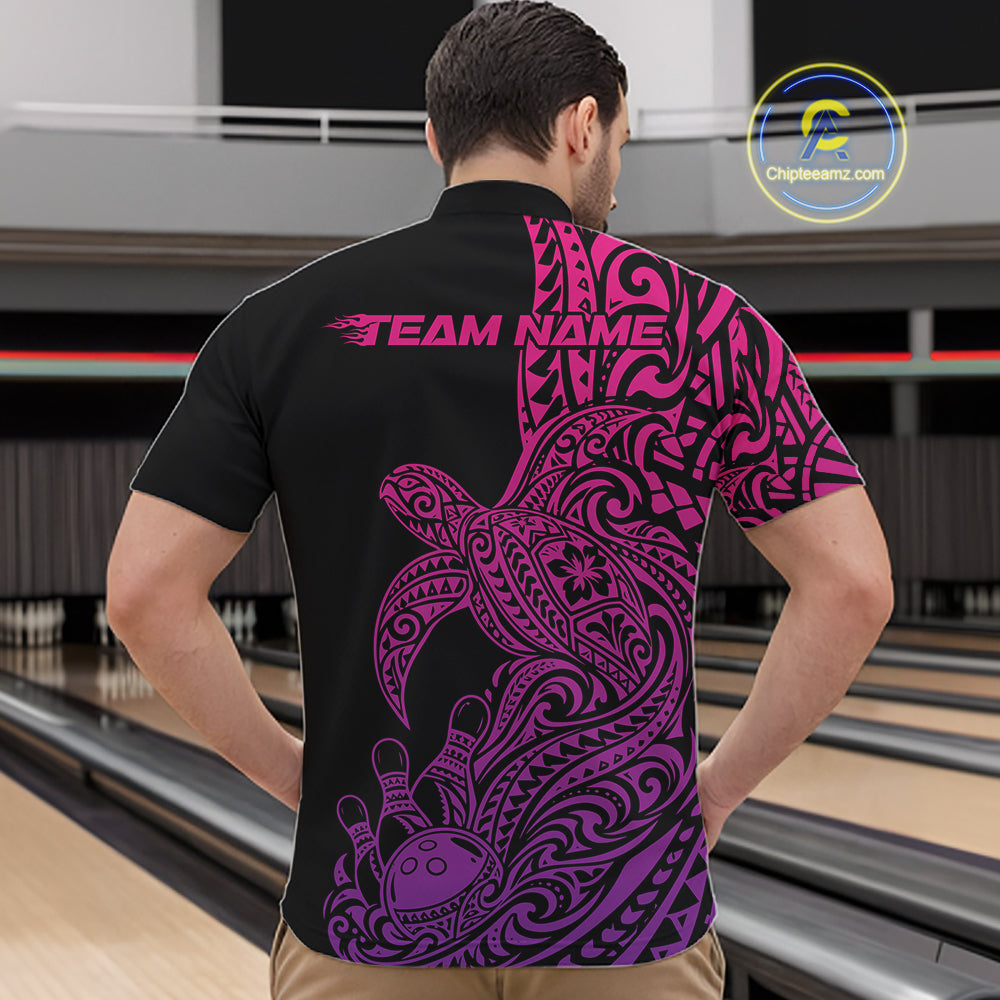 Custom Pink And Purple Polynesian Tribal Turtle Bowling Jersey Team Men Quarter Zip Shirt IPHW12701