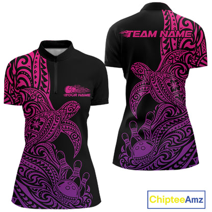Custom Pink And Purple Polynesian Tribal Turtle Bowling Jersey Women Quarter-Zip Shirt IPHW12701