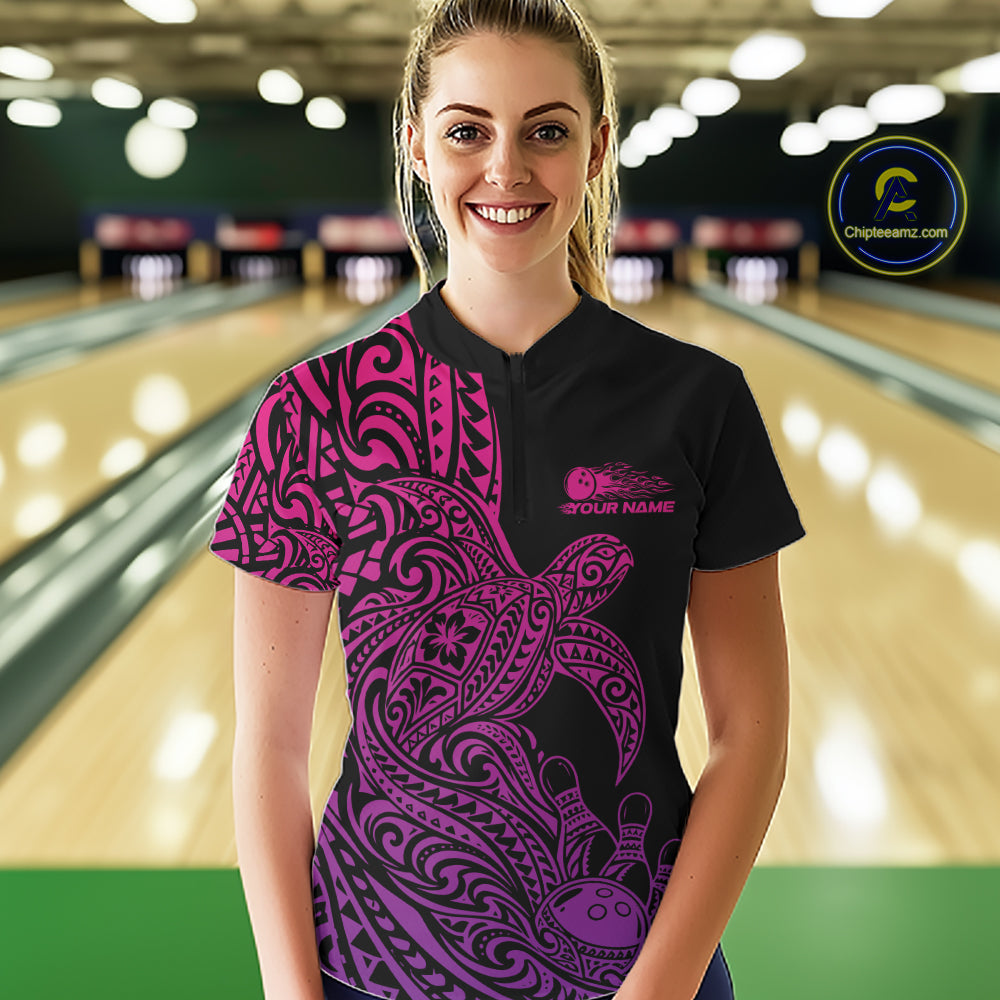 Custom Pink And Purple Polynesian Tribal Turtle Bowling Jersey Women Quarter-Zip Shirt IPHW12701