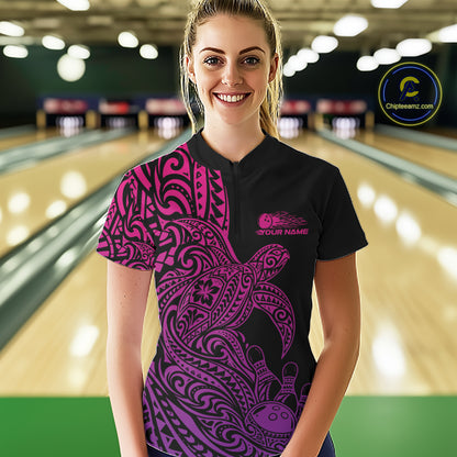 Custom Pink And Purple Polynesian Tribal Turtle Bowling Jersey Women Quarter-Zip Shirt IPHW12701