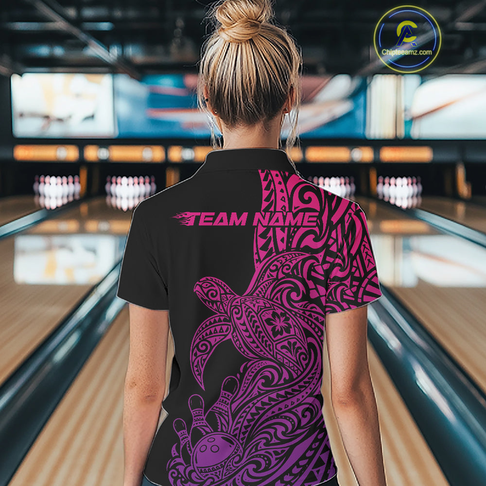 Custom Pink And Purple Polynesian Tribal Turtle Bowling Jersey Women Quarter-Zip Shirt IPHW12701
