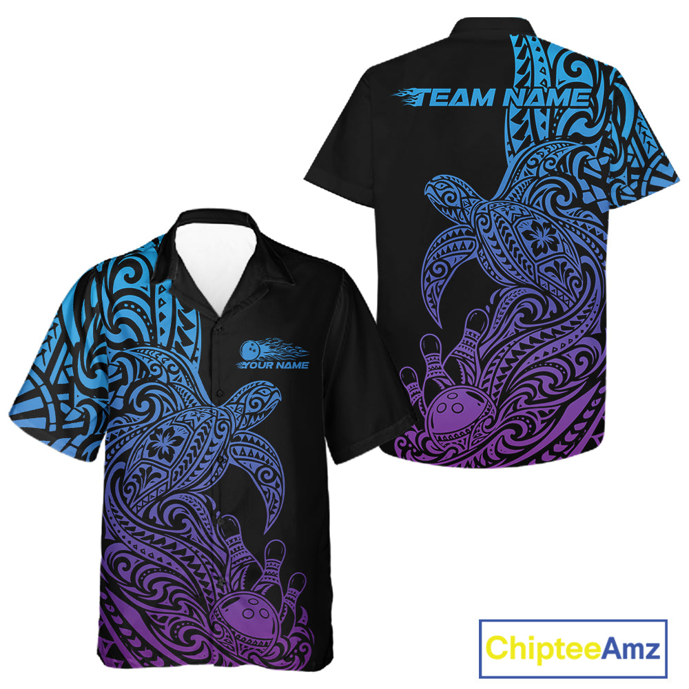 Custom Blue And Purple Polynesian Tribal Turtle Bowling Jersey Team Men And Women Button Up Shirt IPHW12702
