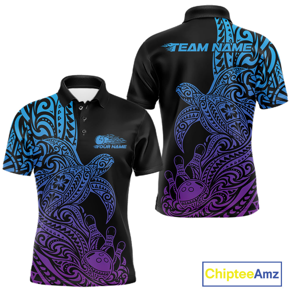 Custom Blue And Purple Polynesian Tribal Turtle Bowling Jersey Team Men Polo Shirt IPHW12702