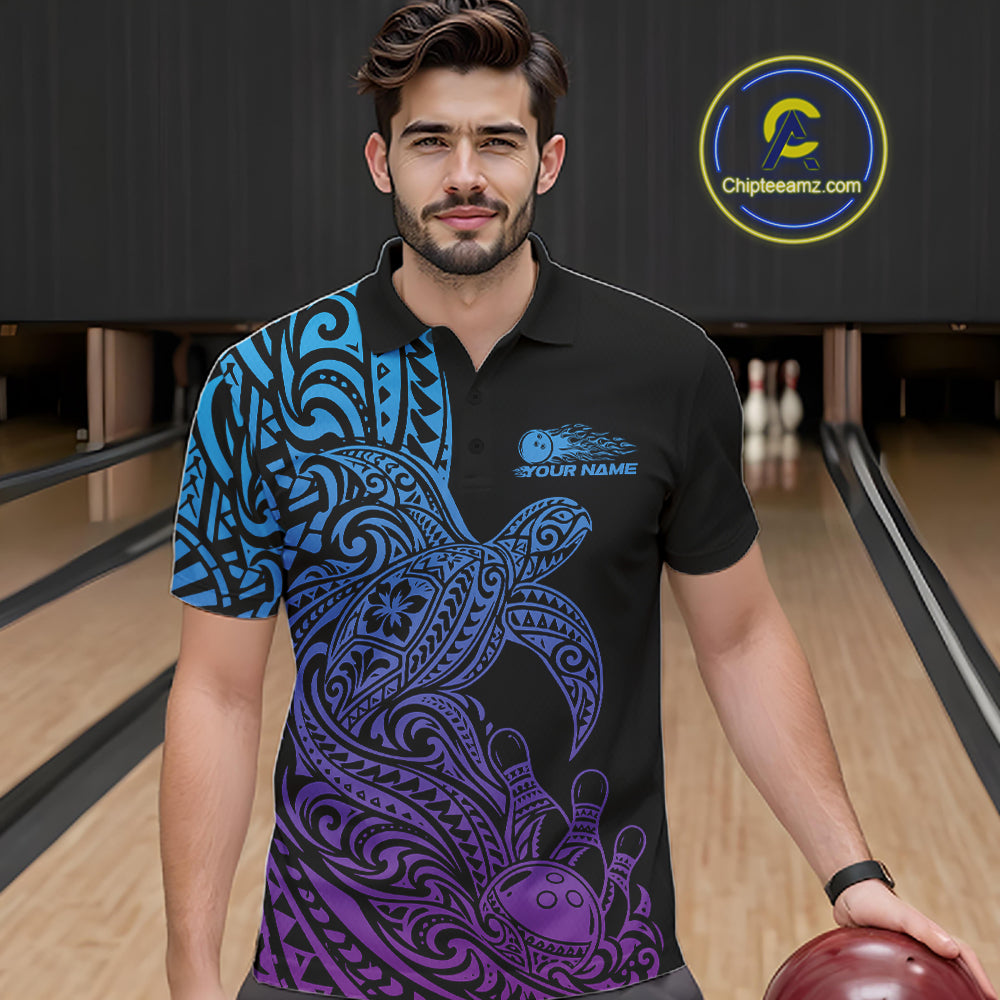 Custom Blue And Purple Polynesian Tribal Turtle Bowling Jersey Team Men Polo Shirt IPHW12702