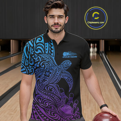 Custom Blue And Purple Polynesian Tribal Turtle Bowling Jersey Team Men Polo Shirt IPHW12702